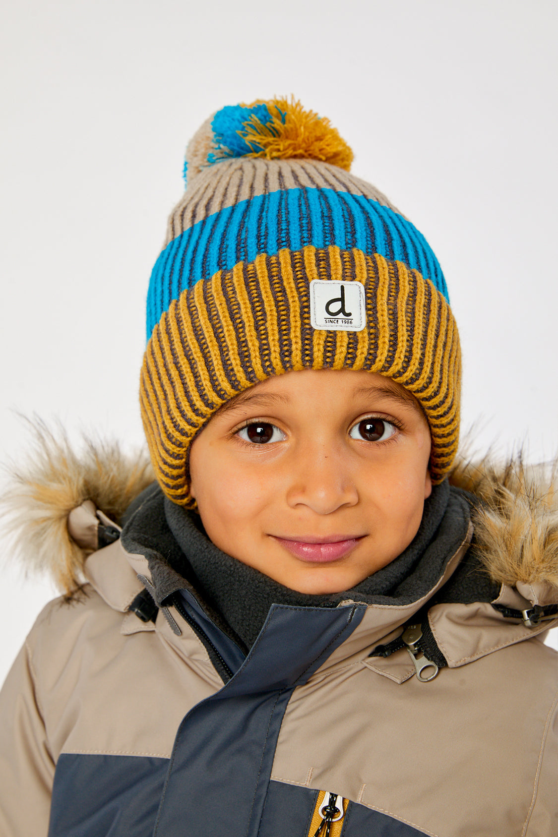 Winter Knit Hat With Pompom Blue And Yellow - Image 2