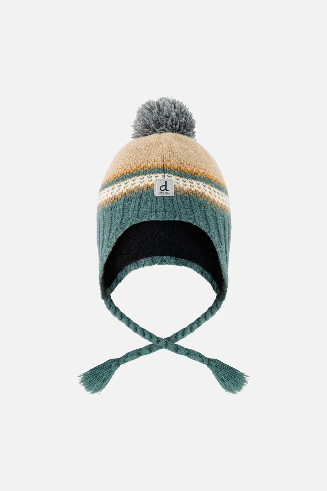 Winter Peruvian Knit Hat With Pompom Beige And Green Jacquard - Image 5