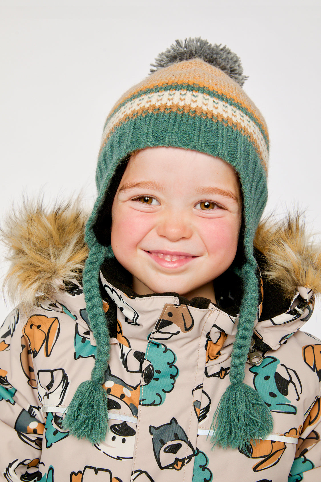 Winter Peruvian Knit Hat With Pompom Beige And Green Jacquard - Image 2