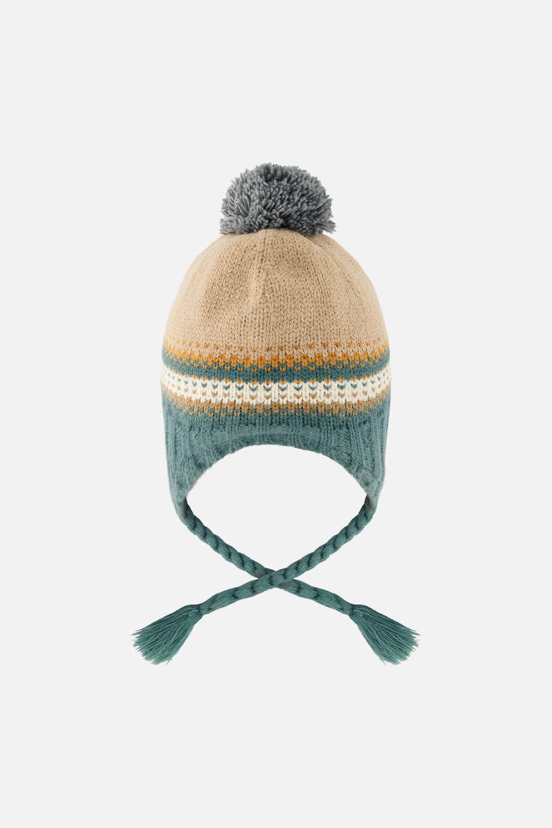 Winter Peruvian Knit Hat With Pompom Beige And Green Jacquard - Image 3