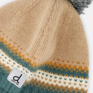 Winter Peruvian Knit Hat With Pompom Beige And Green Jacquard - Image 4