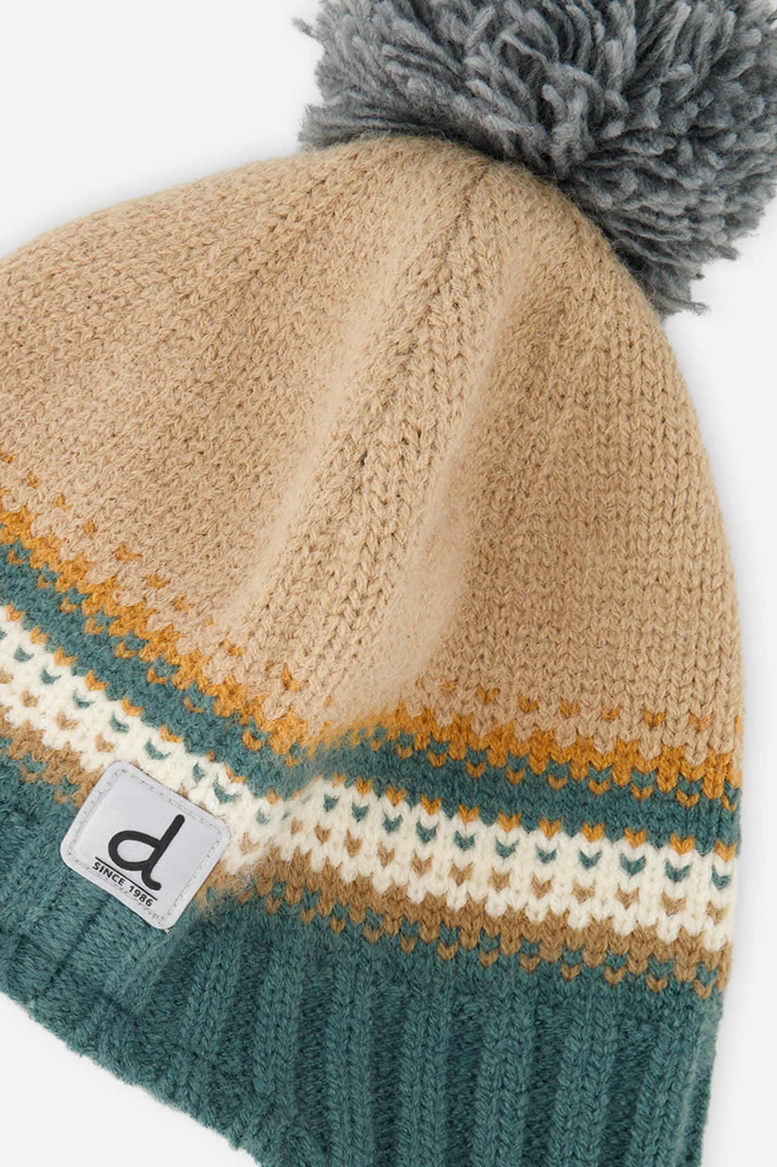 Winter Peruvian Knit Hat With Pompom Beige And Green Jacquard - Image 4