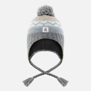 Winter Peruvian Knit Hat With Pompom Grey And Blue Fair Isle