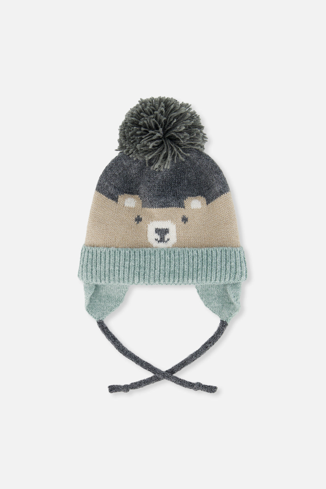 Baby Winter Knit Hat With Teddy Bear Face And Ears Beige And Turquoise - Image 4