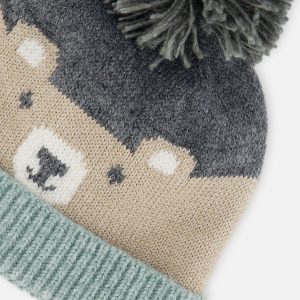 Baby Winter Knit Hat With Teddy Bear Face And Ears Beige And Turquoise - Image 3