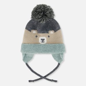 Winter Knit Hat With Teddy Bear Face And Ears Beige And Turquoise