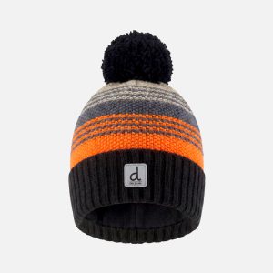 Winter Knit Hat With Pompom Grey And Orange Stripes