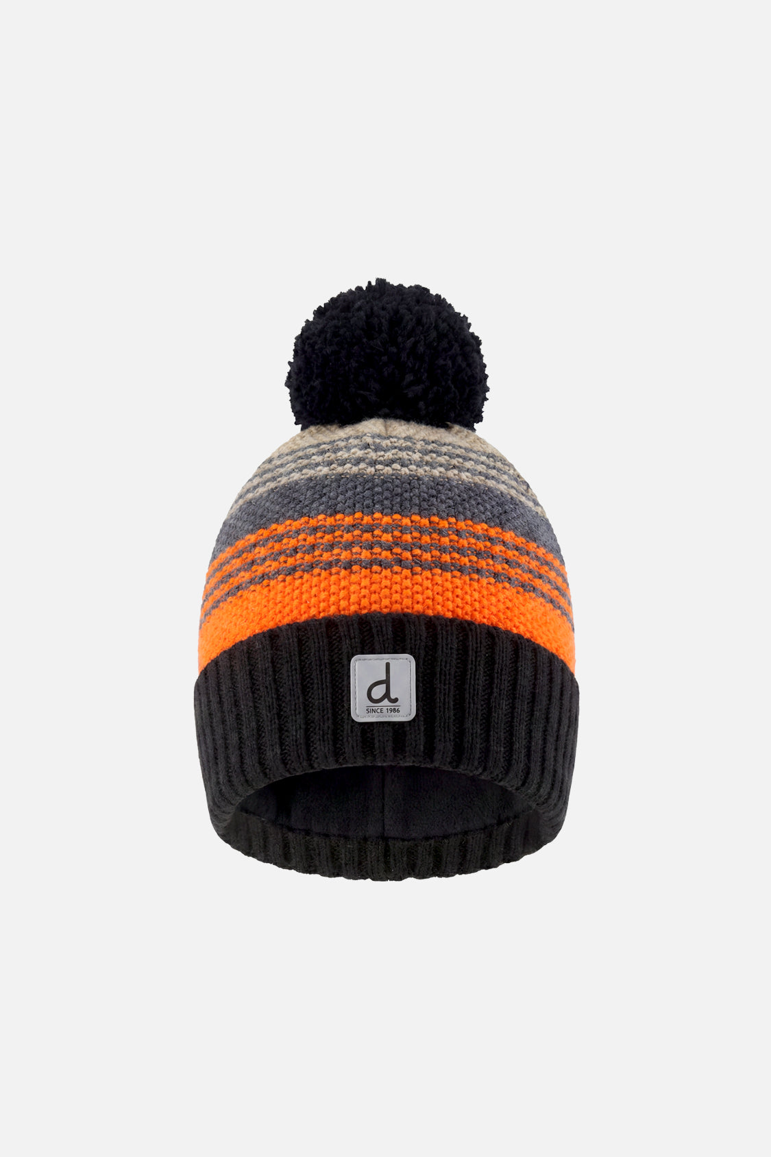 Winter Knit Hat With Pompom Grey And Orange Stripes