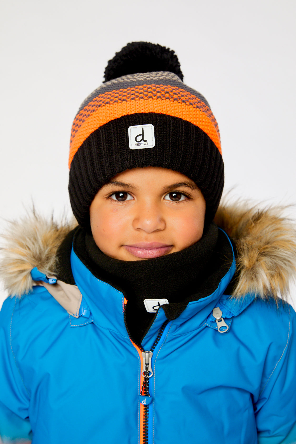 Winter Knit Hat With Pompom Grey And Orange Stripes - Image 2