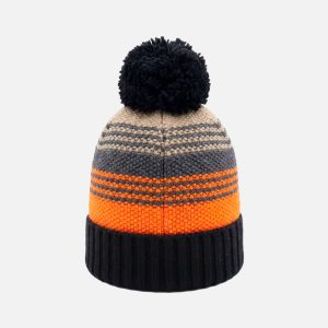 Winter Knit Hat With Pompom Grey And Orange Stripes - Image 3
