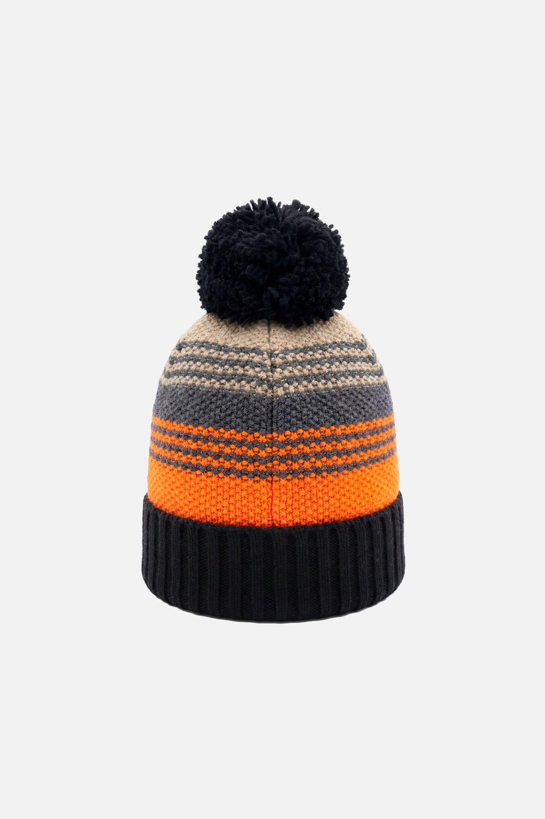Winter Knit Hat With Pompom Grey And Orange Stripes - Image 3