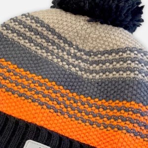 Winter Knit Hat With Pompom Grey And Orange Stripes - Image 4