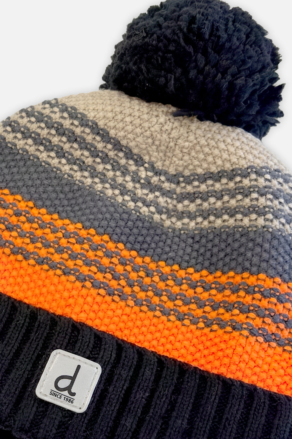 Winter Knit Hat With Pompom Grey And Orange Stripes - Image 4