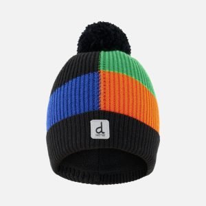 Winter Knit Hat With Pompom Black, Blue, Green And Orange Tiles