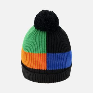 Winter Knit Hat With Pompom Black, Blue, Green And Orange Tiles - Image 3