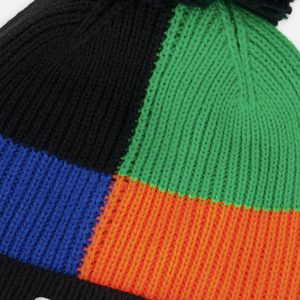 Winter Knit Hat With Pompom Black, Blue, Green And Orange Tiles - Image 4