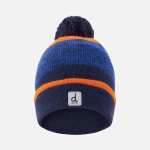Winter Knit Hat With Pompom Color Block Orange And Blue - Image 6