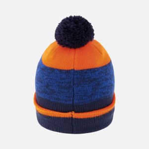 Winter Knit Hat With Pompom Color Block Orange And Blue - Image 3