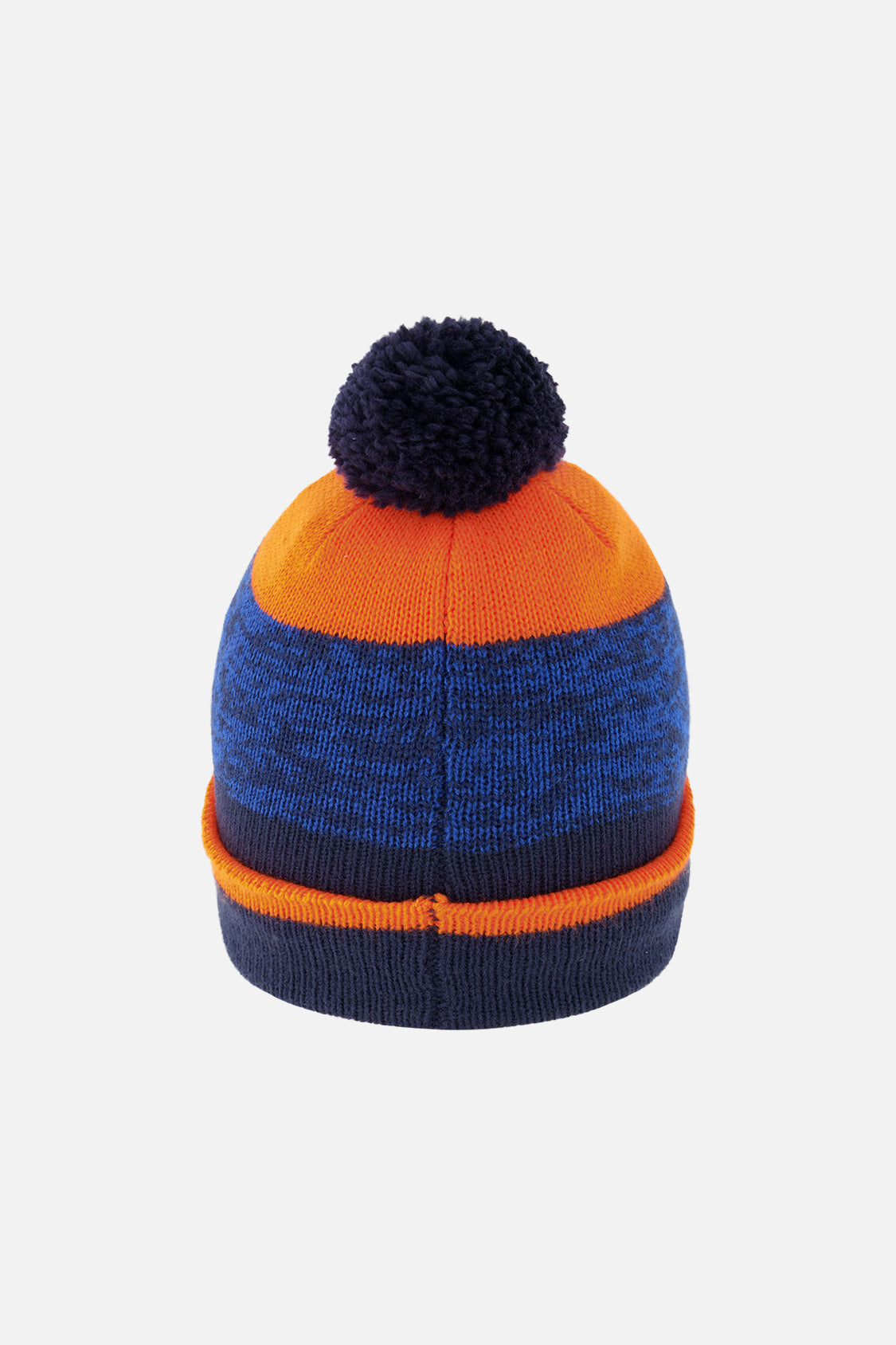 Winter Knit Hat With Pompom Color Block Orange And Blue - Image 3