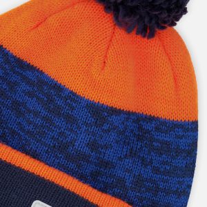 Winter Knit Hat With Pompom Color Block Orange And Blue - Image 4