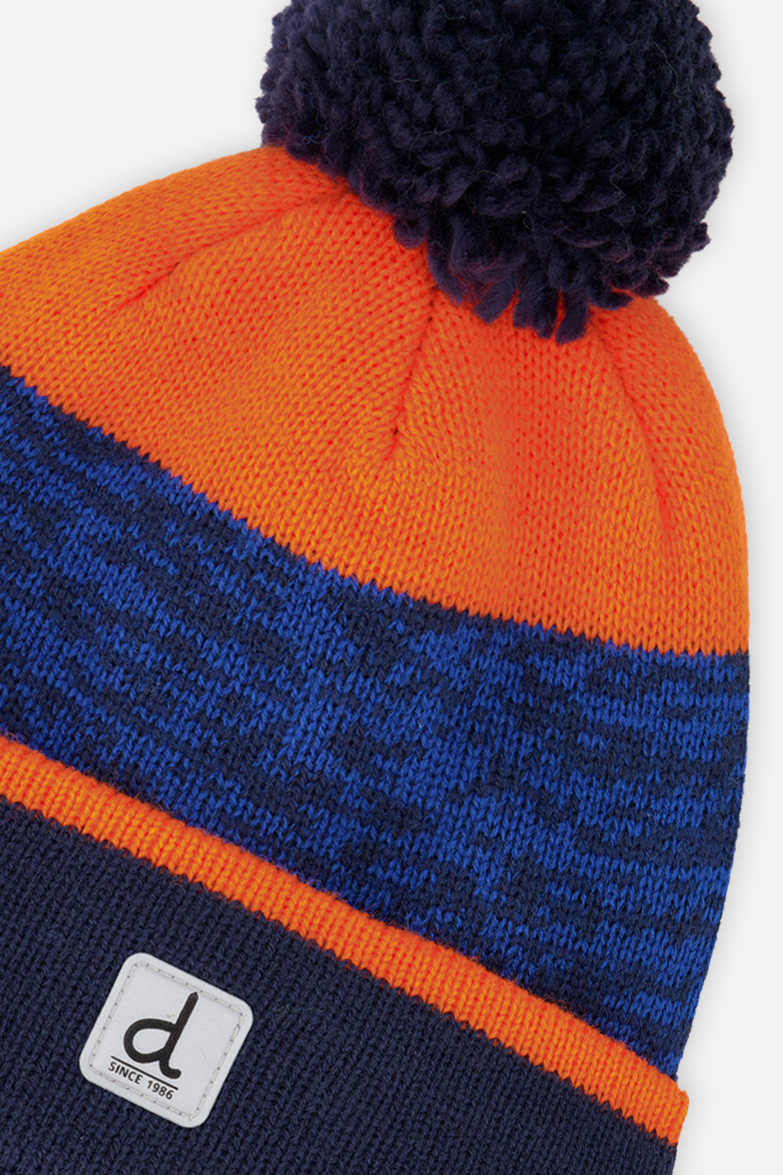 Winter Knit Hat With Pompom Color Block Orange And Blue - Image 4