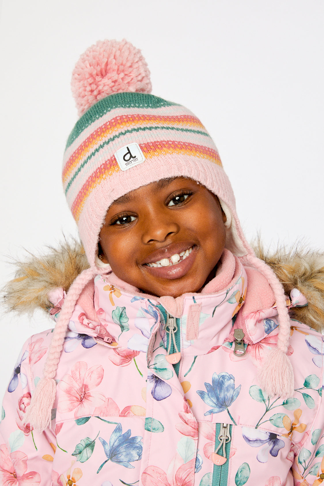 Winter Peruvian Knit Hat With Pompom Pink And Green Jacquard - Image 2