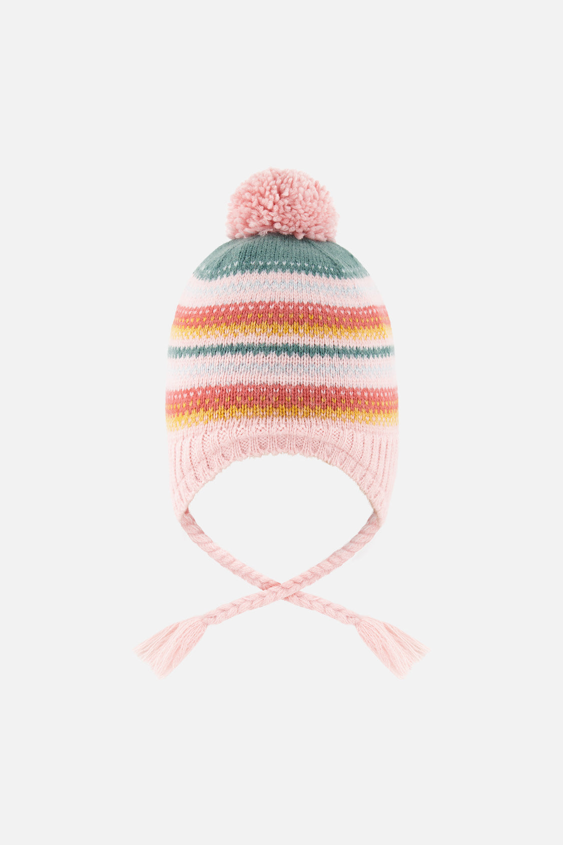 Winter Peruvian Knit Hat With Pompom Pink And Green Jacquard - Image 3
