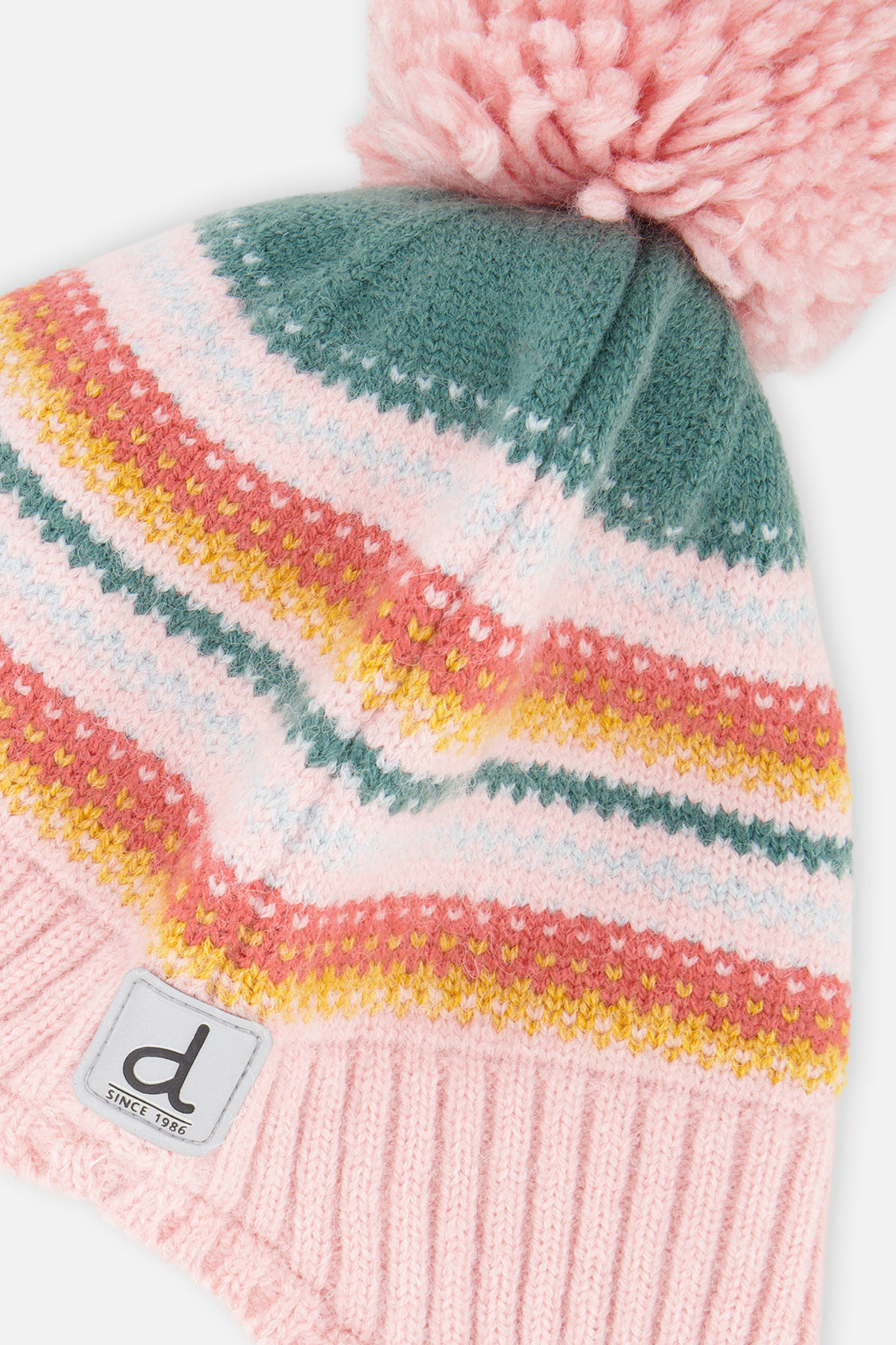 Winter Peruvian Knit Hat With Pompom Pink And Green Jacquard - Image 4