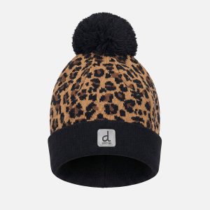 Winter Knit Hat With Pompom Brown Leopard Print