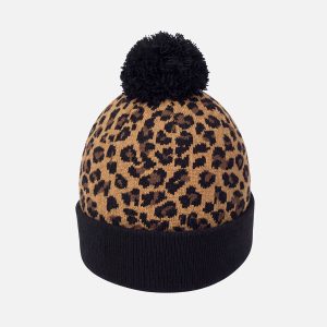 Alternative view of Winter Knit Hat With Pompom Brown Leopard Print