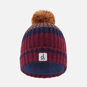 Winter Knit Hat With Pompom Burgundy And Brown