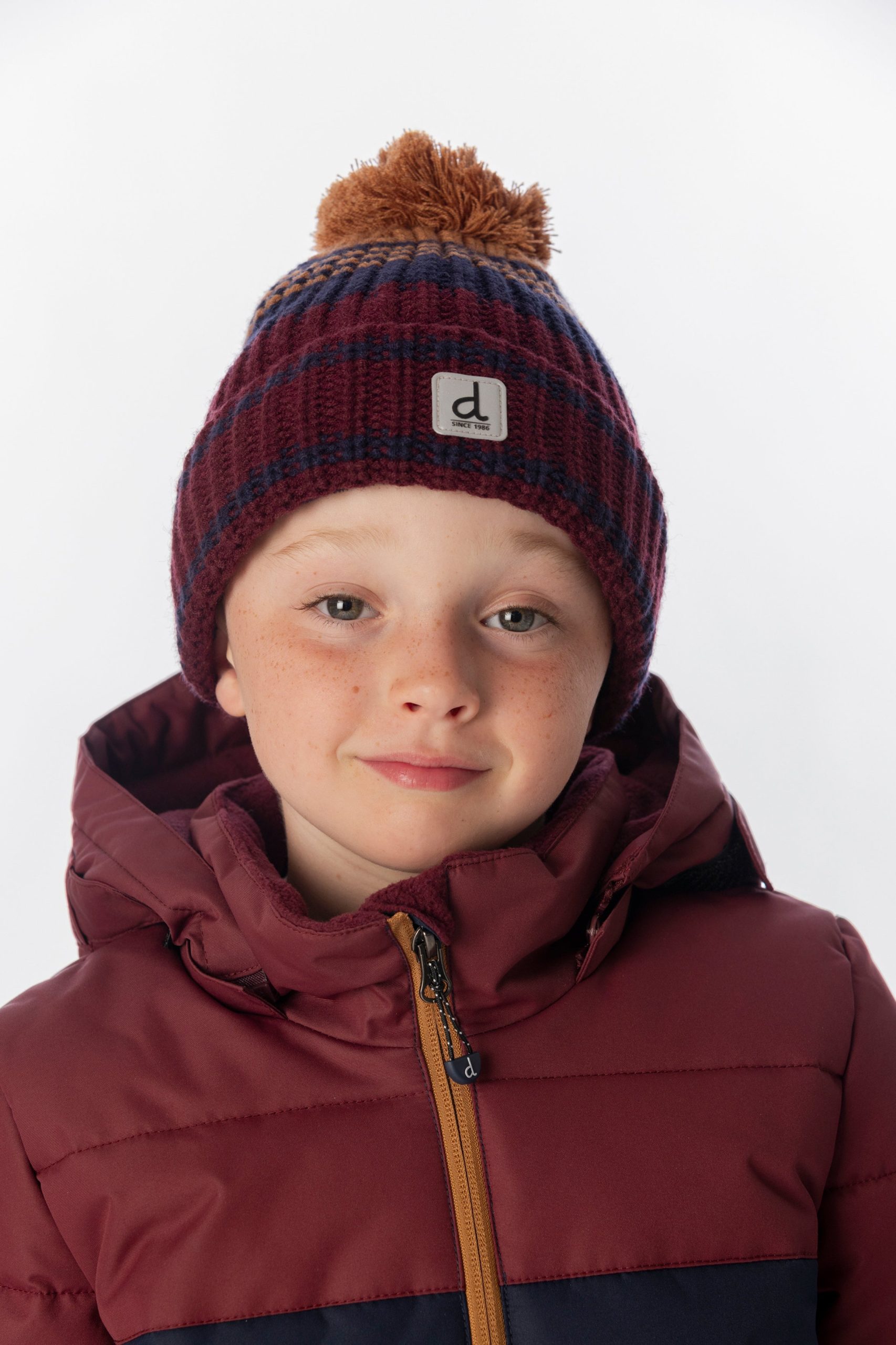 Winter Knit Hat With Pompom Burgundy And Brown - Image 2