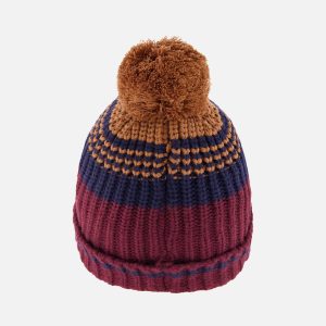 Winter Knit Hat With Pompom Burgundy And Brown - Image 3