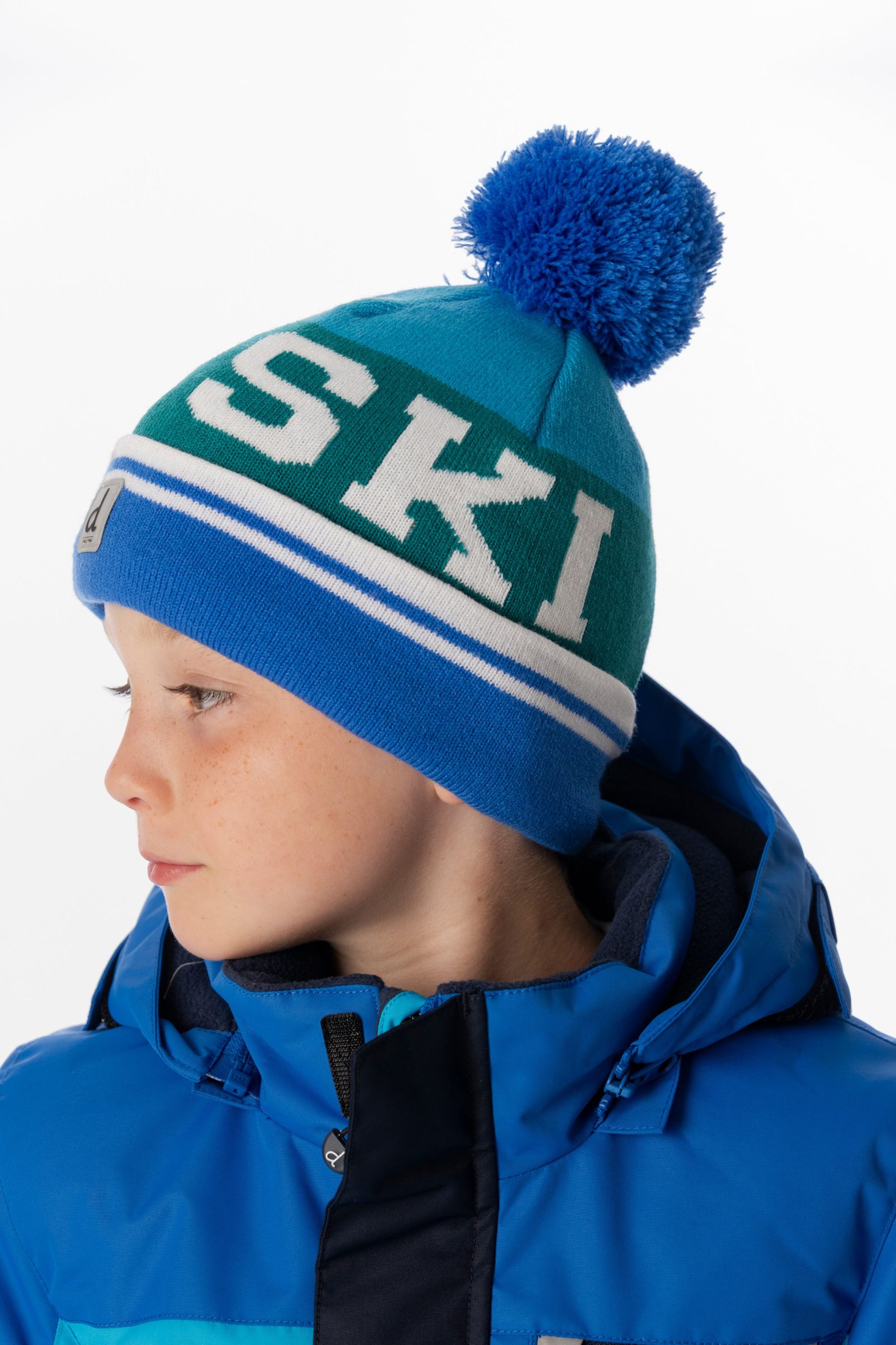 Winter Knit Hat With Pompom Dark Blue And Turquoise - Image 2