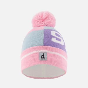 Winter Knit Hat With Pompom Light Blue And Light Pink