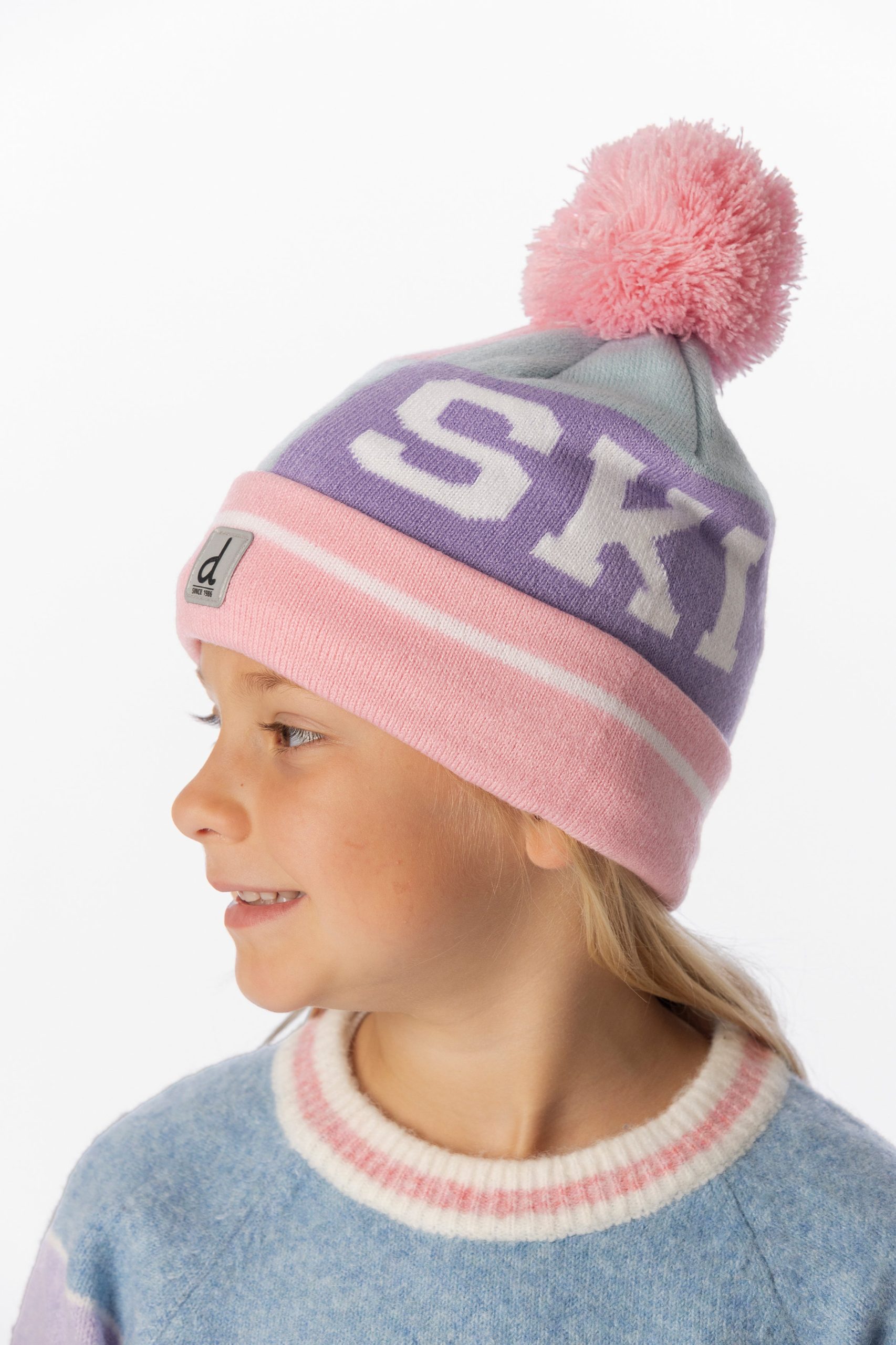 Winter Knit Hat With Pompom Light Blue And Light Pink - Image 2