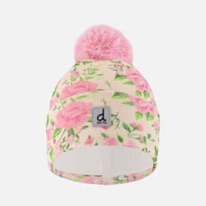 Winter Knit Hat With Pompom Beige Vintage Rose Print