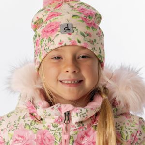 Winter Knit Hat With Pompom Beige Vintage Rose Print - Image 2