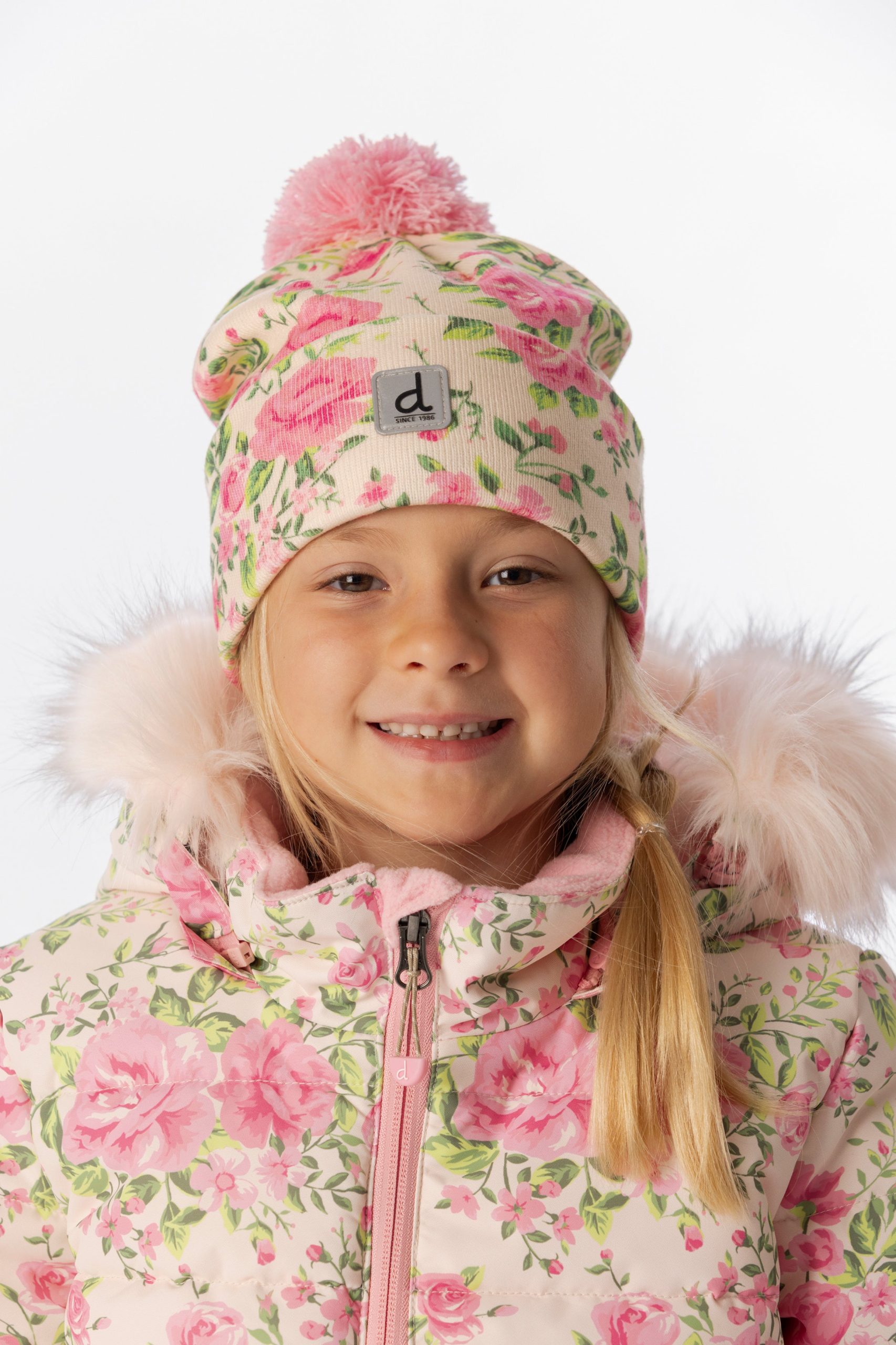 Winter Knit Hat With Pompom Beige Vintage Rose Print - Image 2