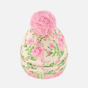 Winter Knit Hat With Pompom Beige Vintage Rose Print - Image 3
