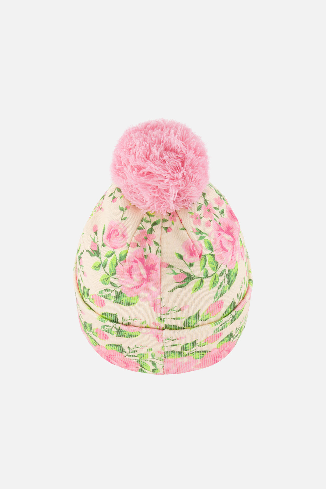 Winter Knit Hat With Pompom Beige Vintage Rose Print - Image 3