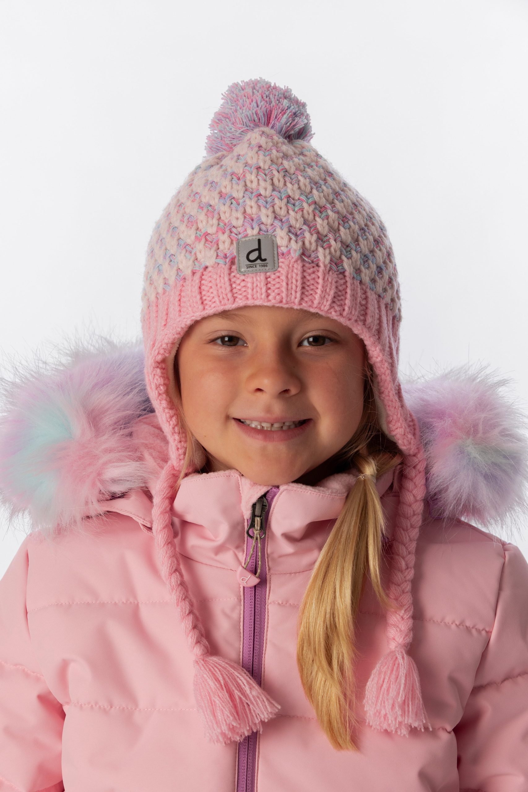 Winter Peruvian Knit Hat With Pompom Dusty Pink And Light Blue - Image 2