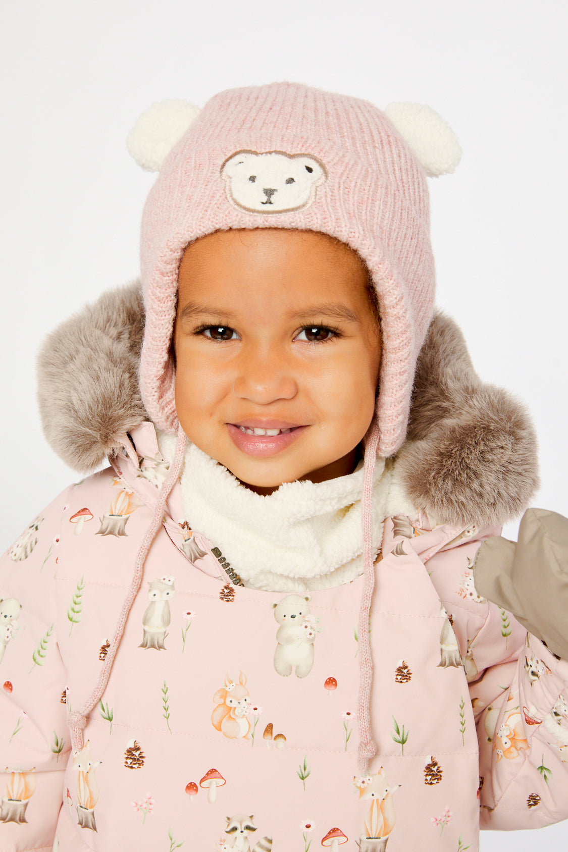 Baby Winter Knit Hat With Ear Flaps And Ears Pale Dusty Pink - Image 2