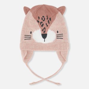 Baby Leopard Winter Knit Hat With Ear Flaps And Ears Pale Dusty Pink - Image 7