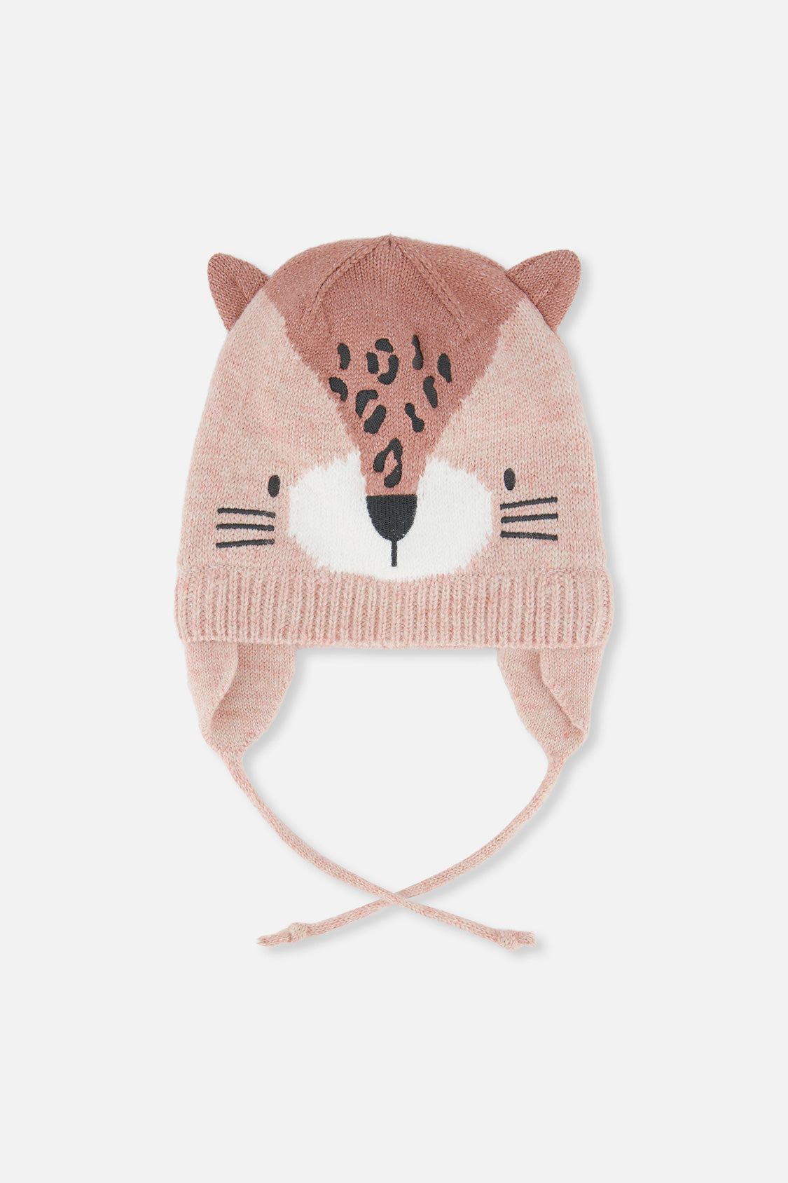 Baby Leopard Winter Knit Hat With Ear Flaps And Ears Pale Dusty Pink - Image 8