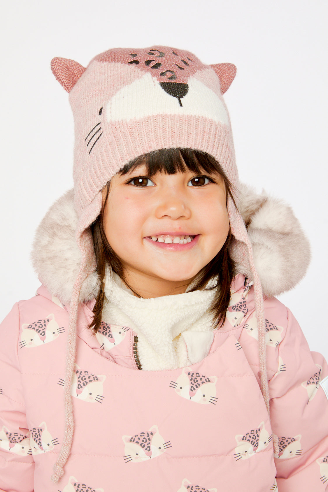 Baby Leopard Winter Knit Hat With Ear Flaps And Ears Pale Dusty Pink - Image 2