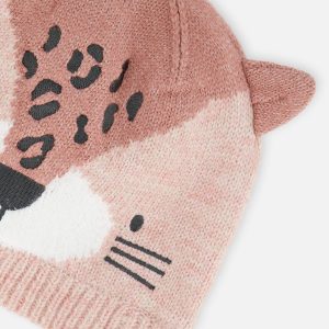 Baby Leopard Winter Knit Hat With Ear Flaps And Ears Pale Dusty Pink - Image 4
