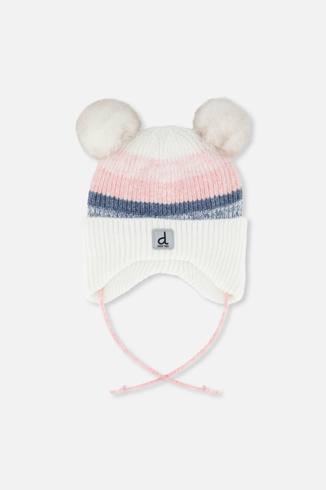 Baby Winter Knit Hat With Ear Flaps And Pompoms Off-White, Pink And Blue - Image 6