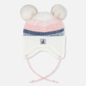 Baby Winter Knit Hat With Ear Flaps And Pompoms Off-White, Pink And Blue