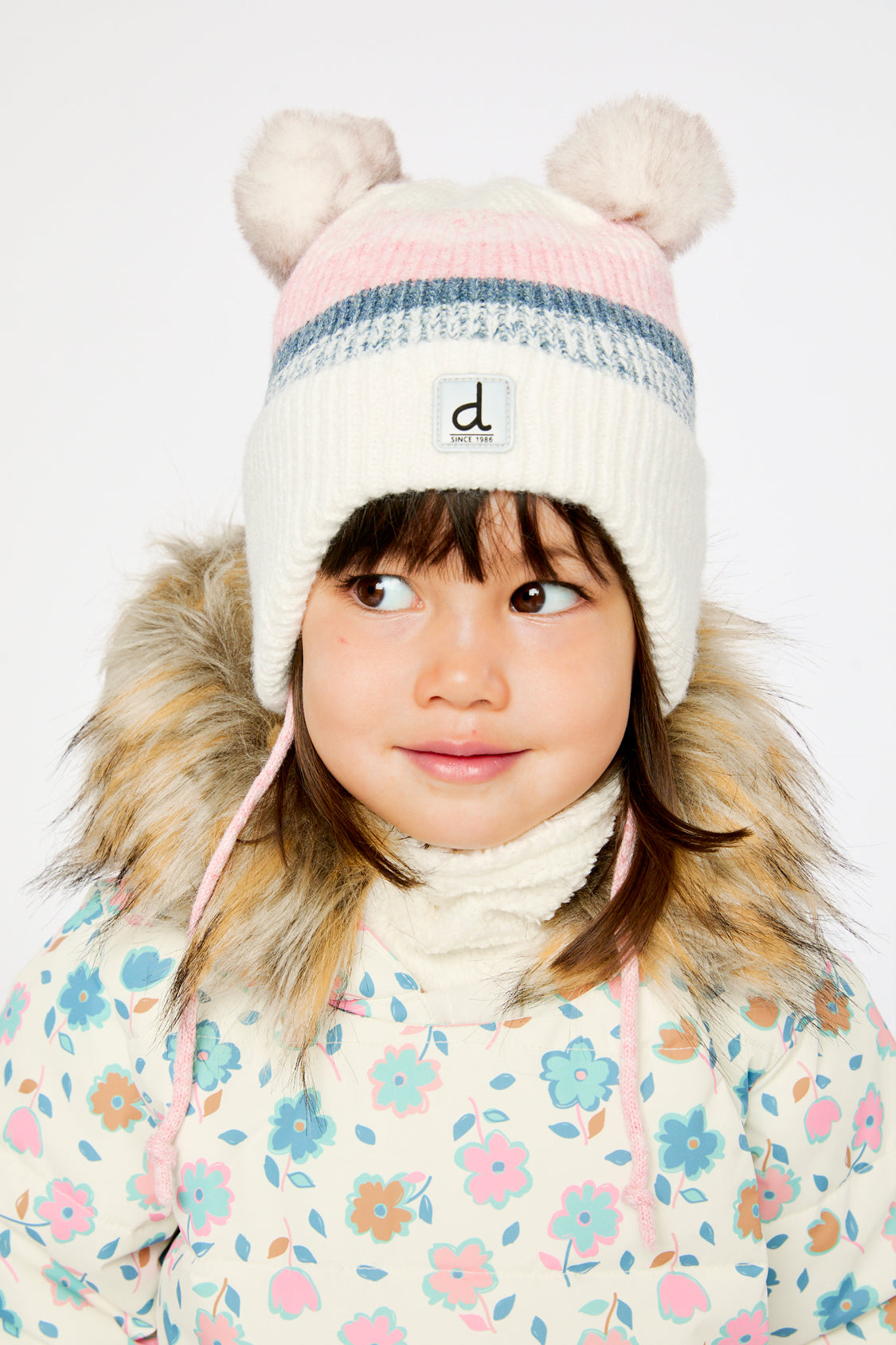 Baby Winter Knit Hat With Ear Flaps And Pompoms Off-White, Pink And Blue - Image 2